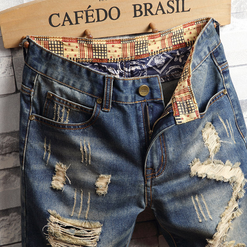 Trend big hole jeans short pants men''s summer Capris jeans pants pants beggars pants men''s Korean slim